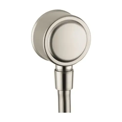 Wandanschluss mit Rückflussverhinderer in gebürstetem Nickel, hergestellt von AXOR. Das Produkt hat eine runde, glatte Oberfläche und führt in einen Verbindungsschlauch.